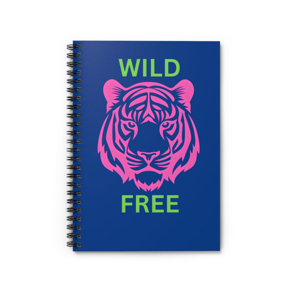 Bright green spiral notebook with pink tiger design and "Wild & Free" text for nature lovers.