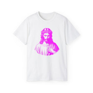 Neon Magenta Jesus Graphic Tee with vintage design on eco-friendly cotton fabric.