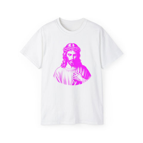 Neon Magenta Jesus Graphic Tee with vintage design on eco-friendly cotton fabric.