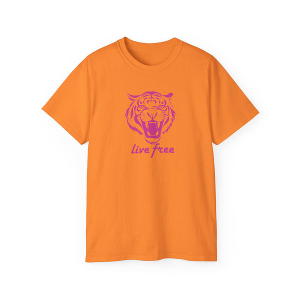 Fugitive Tees- Pink “Live Free” Jumbo Retro Roaring Tiger Head Graphic Tee