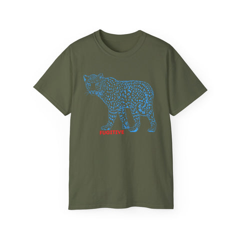 Unisex ultra cotton tee with a blue leopard graphic and "Fugitive" text on olive green fabric.