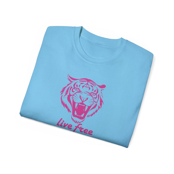 Fugitive Tees- Pink “Live Free” Jumbo Retro Roaring Tiger Head Graphic Tee