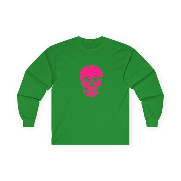 Neon Pink FREE MIND SKULL Unisex Long Sleeve Tee - Pink Skull Design with 'FREE MIND' Text - Retro Casual Style