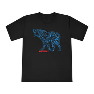 Unisex black crewneck t-shirt featuring a bold blue graphic of a leopard with "Fugitive" text, ideal for animal lovers.