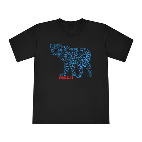 Unisex black crewneck t-shirt featuring a bold blue graphic of a leopard with "Fugitive" text, ideal for animal lovers.