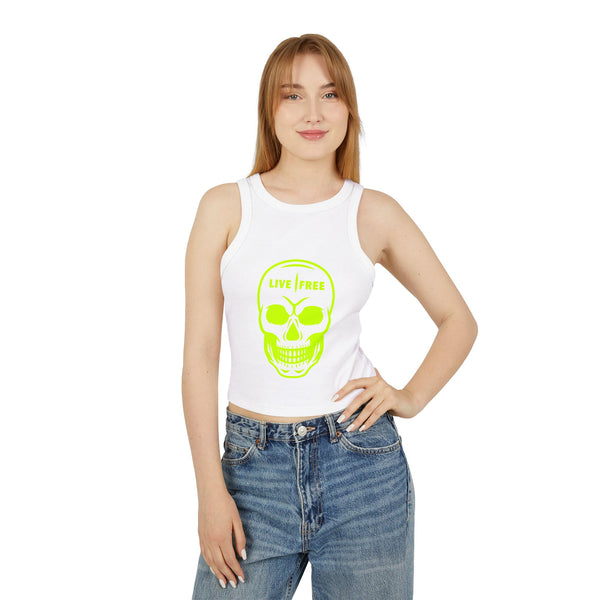 Women's Micro Rib Racer Tank Top - Neon Green Live Free Skull Design, Casual Summer Wear