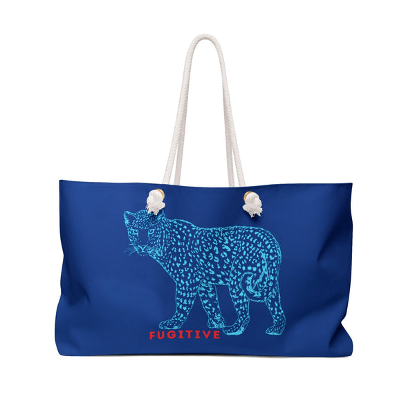 Bold Fugitive Tiger Weekender Bag with vibrant orange color and striking tiger graphic, durable spun polyester, comfortable rope handles; perfect for travel and adventure.