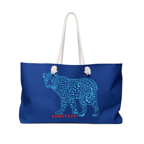 Bold Fugitive Tiger Weekender Bag with vibrant orange color and striking tiger graphic, durable spun polyester, comfortable rope handles; perfect for travel and adventure.