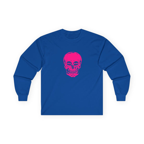 Neon Pink FREE MIND SKULL Unisex Long Sleeve Tee - Pink Skull Design with 'FREE MIND' Text - Retro Casual Style