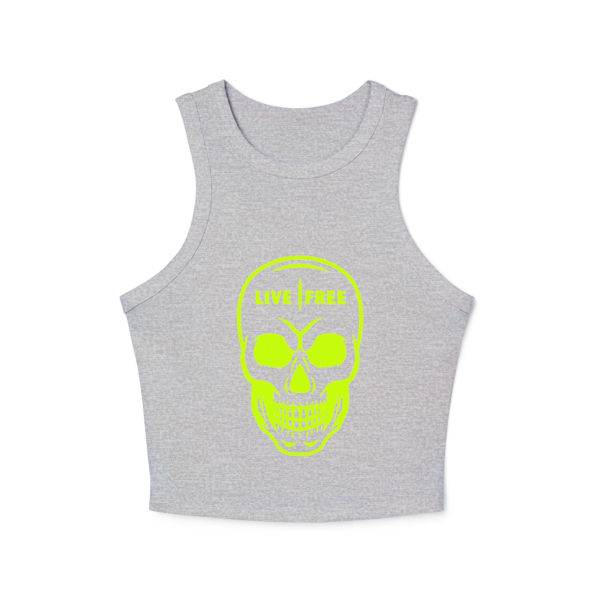 Women's Micro Rib Racer Tank Top - Neon Green Live Free Skull Design, Casual Summer Wear