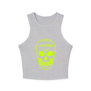 Women's Micro Rib Racer Tank Top - Neon Green Live Free Skull Design, Casual Summer Wear