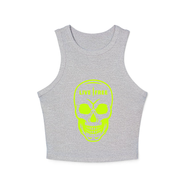 Women's Micro Rib Racer Tank Top - Neon Green Live Free Skull Design, Casual Summer Wear