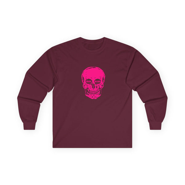 Neon Pink FREE MIND SKULL Unisex Long Sleeve Tee - Pink Skull Design with 'FREE MIND' Text - Retro Casual Style