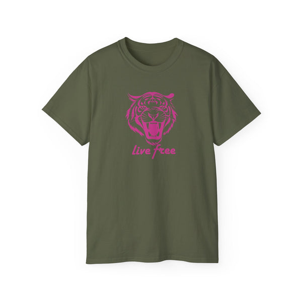 Fugitive Tees- Pink “Live Free” Jumbo Retro Roaring Tiger Head Graphic Tee