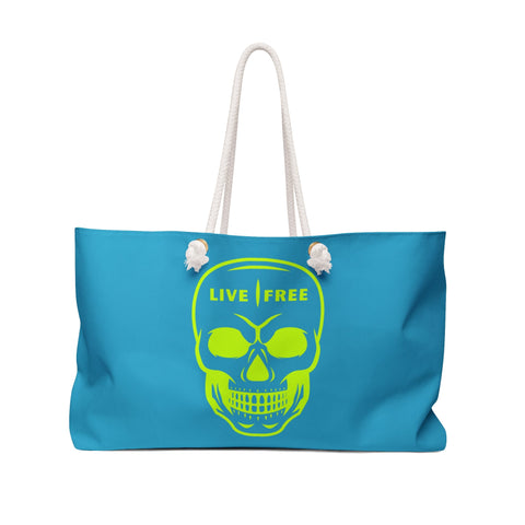 Neon green skull weekender bag with "Live Free" text, stylish travel tote for adventurers.