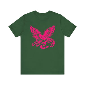 Neon pink winged tiger design on green t-shirt, Fugitive Tees Feral Flight Tee.