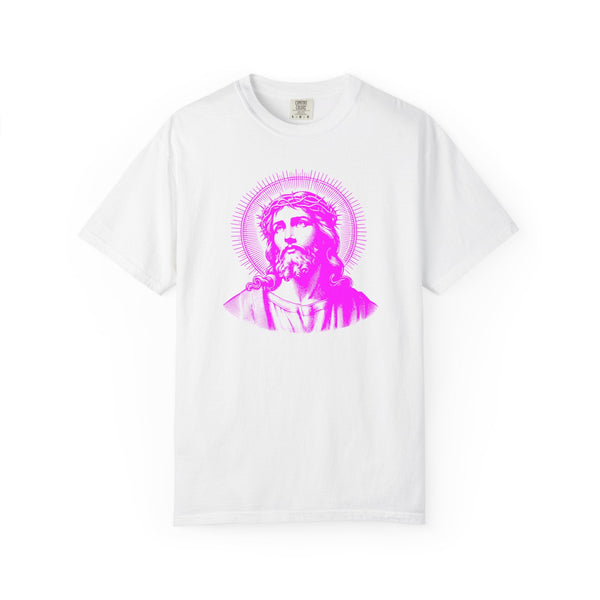 Neon magenta Jesus graphic T-shirt on white cotton, featuring a radiant halo design.