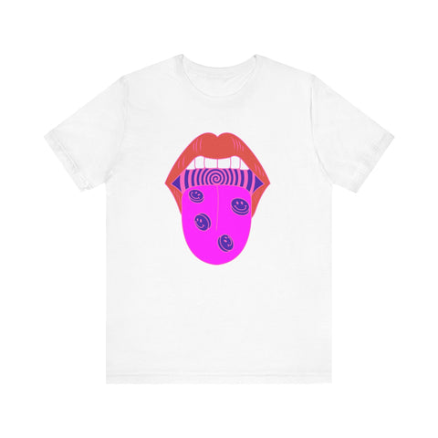 Colorful graphic tee featuring a hot pink psychedelic tongue design with smiley tabs and spirals.