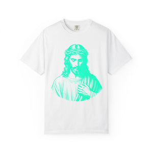 Garment-dyed T-shirt with neon turquoise Jesus graphic, streetwear style.