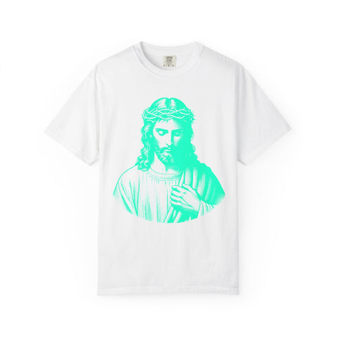 Garment-dyed T-shirt with neon turquoise Jesus graphic, streetwear style.