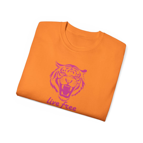 Fugitive Tees- Pink “Live Free” Jumbo Retro Roaring Tiger Head Graphic Tee