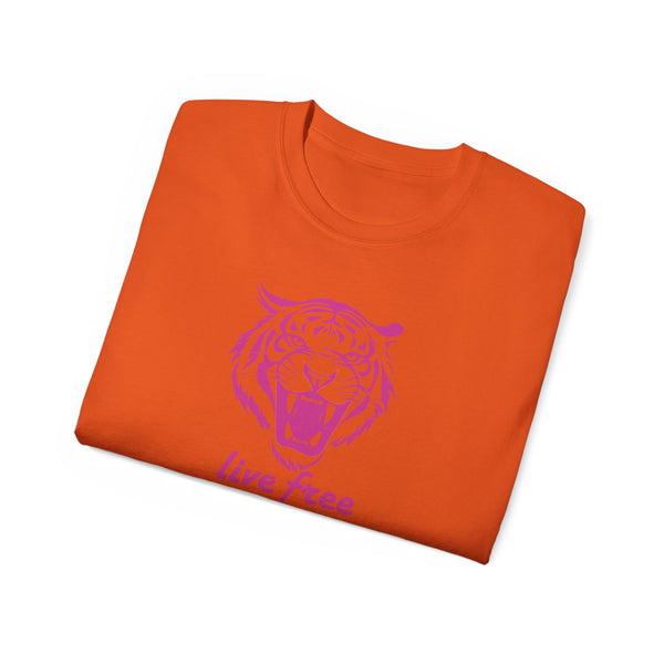 Fugitive Tees- Pink “Live Free” Jumbo Retro Roaring Tiger Head Graphic Tee