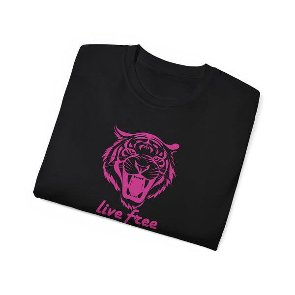 Fugitive Tees- Pink “Live Free” Jumbo Retro Roaring Tiger Head Graphic Tee