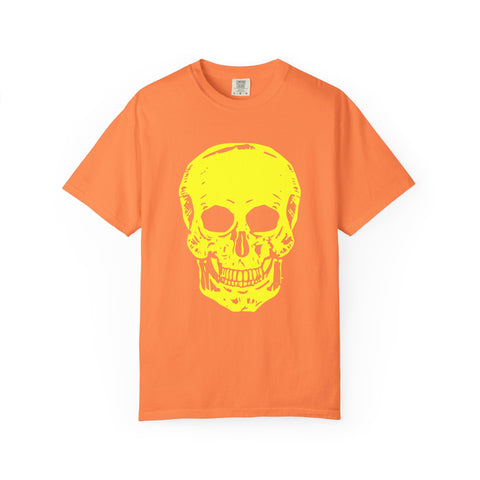 Unisex neon yellow skull graphic t-shirt, garment-dyed for casual style.