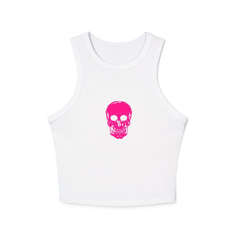 Women's neon pink skull graphic racerback tank top, trendy summer style.