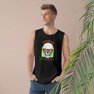 Unisex Forever Free Tank with No Compromise & No Rules design, featuring bold graphics, worn by a model standing indoors.