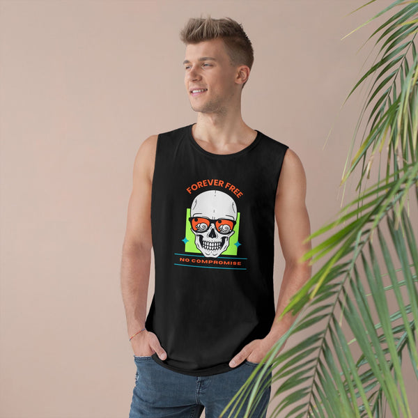Unisex Forever Free Tank with No Compromise & No Rules design, featuring bold graphics, worn by a model standing indoors.
