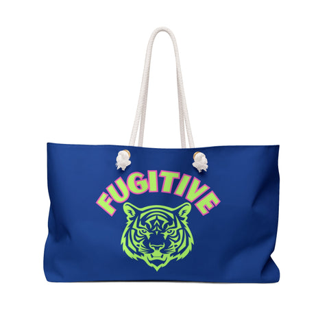 Vibrant Fugitive Tiger Weekender Bag with bold graphics on blue background and sturdy cotton rope handles.
