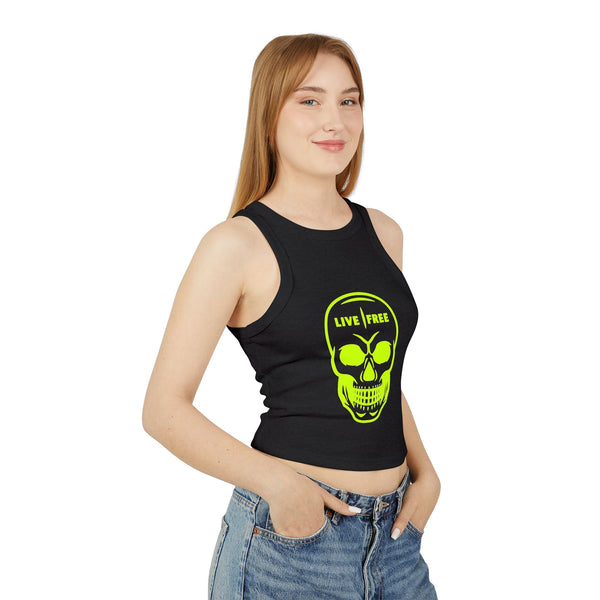 Women's Micro Rib Racer Tank Top - Neon Green Live Free Skull Design, Casual Summer Wear