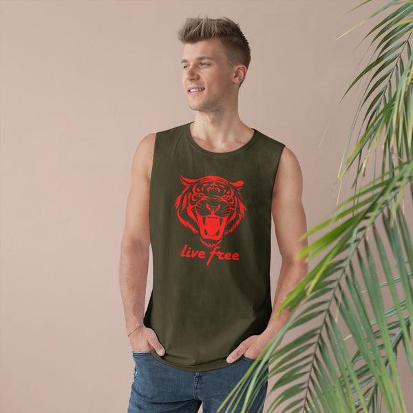 Unisex Tiger Tank Top featuring "Live Free" text, ideal for casual and active wear.