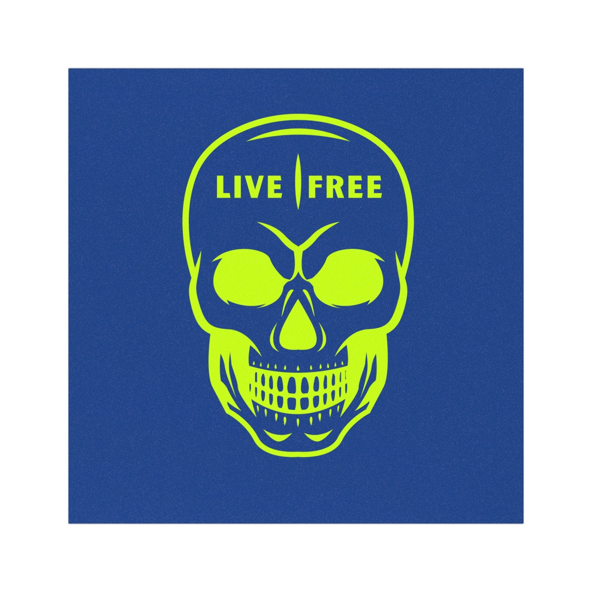 Neon green skull car magnet with "Live Free" text on a vibrant blue background, ideal for adventurous automotive decor.