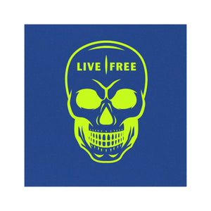 Neon green skull car magnet with "Live Free" text on a vibrant blue background, ideal for adventurous automotive decor.