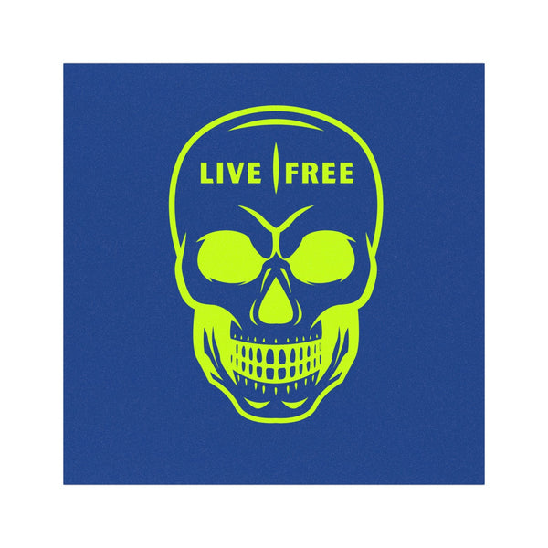 Neon green skull car magnet with "Live Free" text on a vibrant blue background, ideal for adventurous automotive decor.