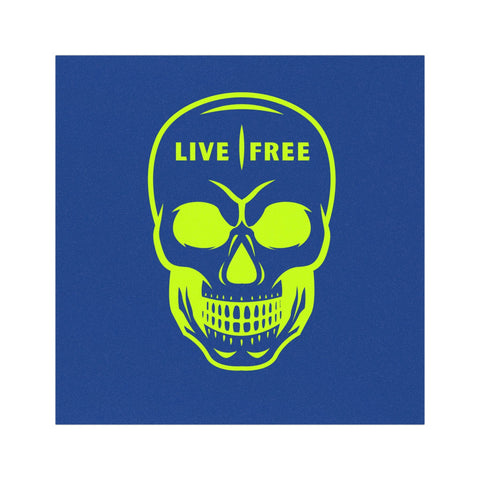 Neon green skull car magnet with "Live Free" text on a vibrant blue background, ideal for adventurous automotive decor.