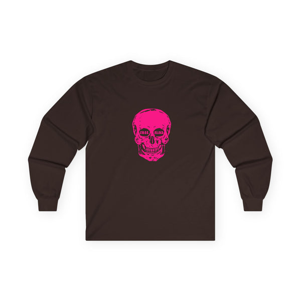 Neon Pink FREE MIND SKULL Unisex Long Sleeve Tee - Pink Skull Design with 'FREE MIND' Text - Retro Casual Style