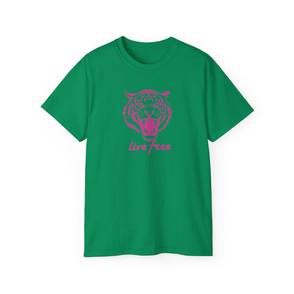 Fugitive Tees- Pink “Live Free” Jumbo Retro Roaring Tiger Head Graphic Tee