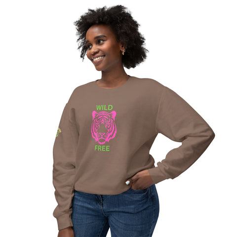 Unisex lightweight crewneck sweatshirt with vibrant tiger design and "Wild & Free" text.