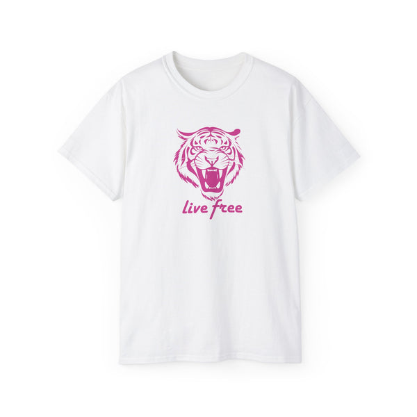 Fugitive Tees- Pink “Live Free” Jumbo Retro Roaring Tiger Head Graphic Tee