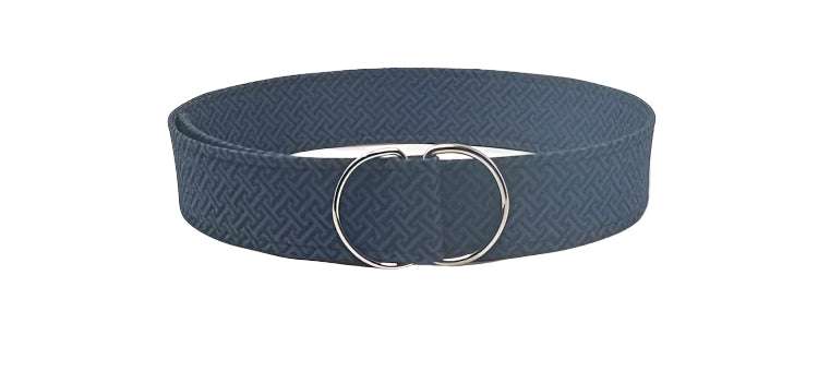 Navy Greek Key belt with a double-ring buckle and classic pattern.