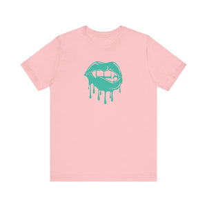 Pink unisex t-shirt featuring aqua vampire lips graphic with dripping effect front design by Fugitive Tees.