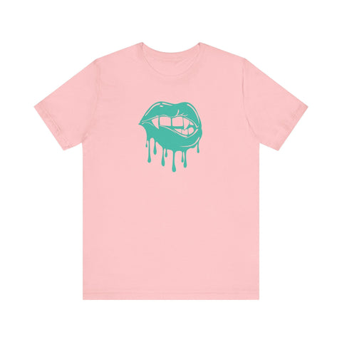 Pink unisex t-shirt featuring aqua vampire lips graphic with dripping effect front design by Fugitive Tees.
