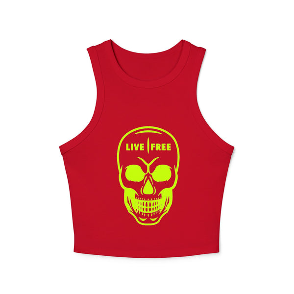 Women's Micro Rib Racer Tank Top - Neon Green Live Free Skull Design, Casual Summer Wear