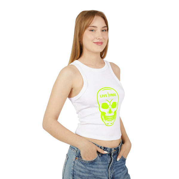 Women's Micro Rib Racer Tank Top - Neon Green Live Free Skull Design, Casual Summer Wear