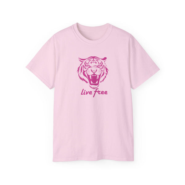 Neon pink tee with bold roaring tiger head graphic and "live free" slogan in vibrant design