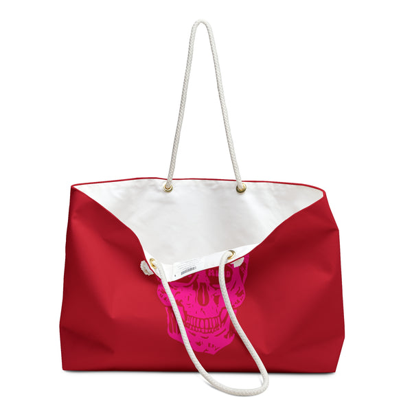 Neon Pink Skull FREE MIND Graphic Weekender Bag - Bold Red Travel Tote for Weekend Getaways