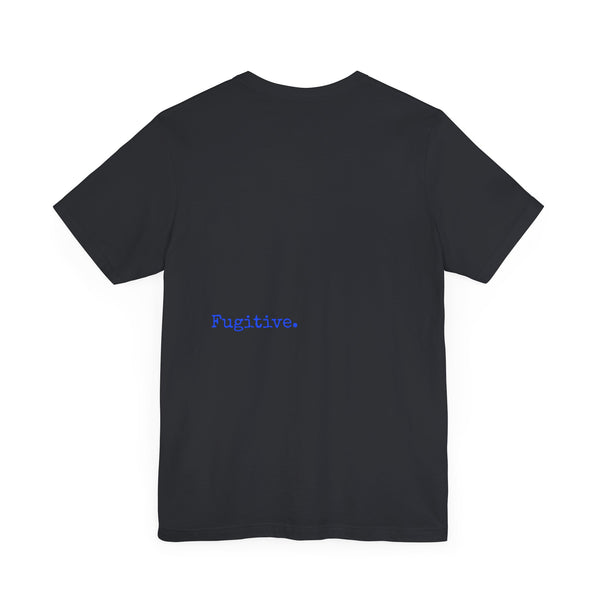 Neon Blue Skull Graphic Unisex Tee with 'Fugitive.' Text